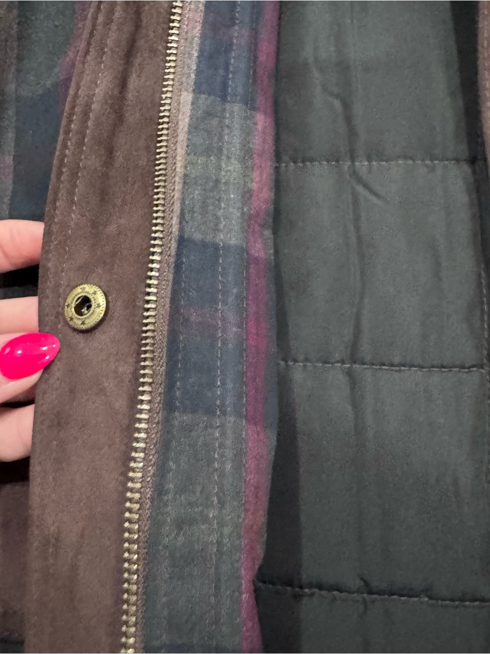 7 For All Mankind Navy and Brown Plaid Utility Jacket with Suede Trim - Picture 11 of 11